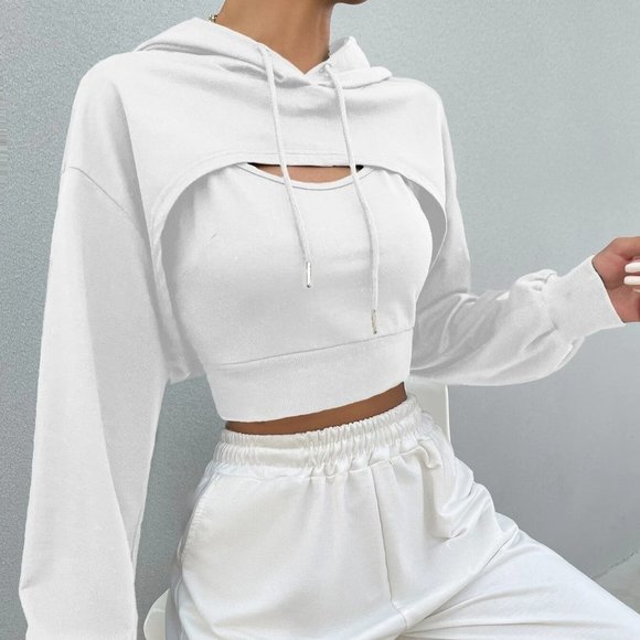 White Preppy Womens Drop Shoulder Drawstring Super Crop Hoodie & Top - Picture 4 of 5